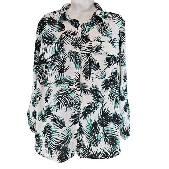 Apt 9 Women's Button Up Dress Shirt White with Black and Green Palm Leaves Size - Picture 1 of 8
